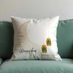Ramadan Kareem Cushion Cover, White Islamic Moon Lantern Pillowcase, Minimal Gold Eid Sofa Case - thumbnail 1