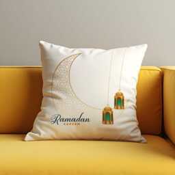 Ramadan Kareem Cushion Cover, White Islamic Moon Lantern Pillowcase, Minimal Gold Eid Sofa Case - thumbnail 2