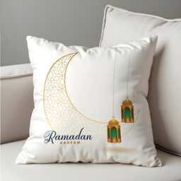 Ramadan Kareem Cushion Cover, White Islamic Moon Lantern Pillowcase, Minimal Gold Eid Sofa Case - thumbnail 4