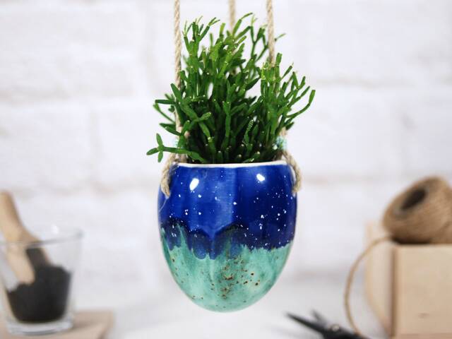 Handmade Turquoise Ceramic Hanging Planter Boho Home Decor - image 1