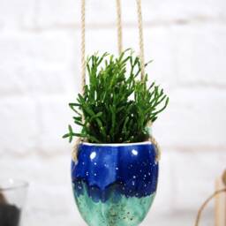 Handmade Turquoise Ceramic Hanging Planter Boho Home Decor - thumbnail 4