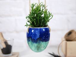 Handmade Turquoise Ceramic Hanging Planter Boho Home Decor - thumbnail 1
