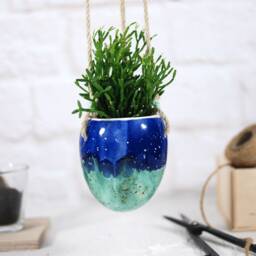 Handmade Turquoise Ceramic Hanging Planter Boho Home Decor - thumbnail 2