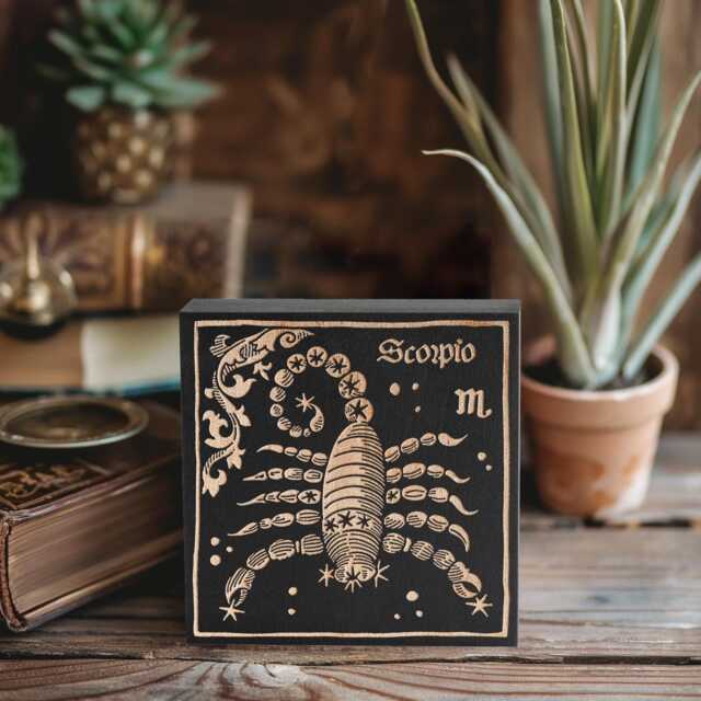 Scorpio Zodiac Engraved Birch Wood Panel - Block Print Style Wall Art, Astrology Sign Illustration, Astrological Decor Gift - image 1