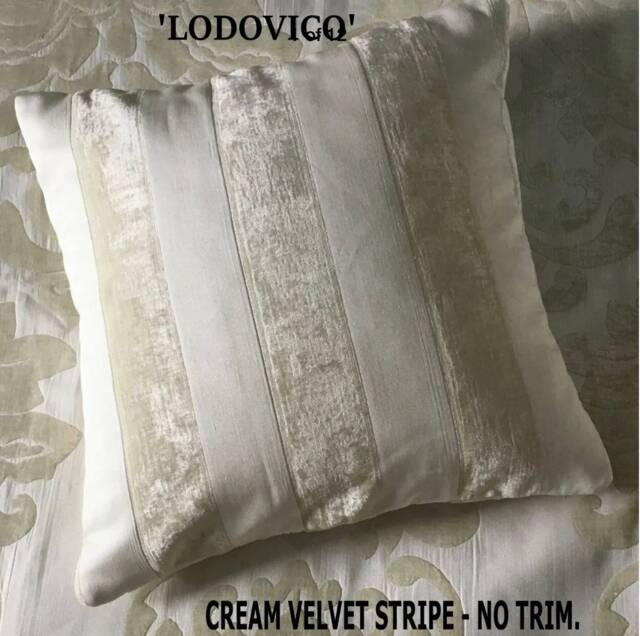 Cream Striped Velvet Cushion Cover. Neutral Throw Pillow, Luxury Cushions Made To Order. Envelope Fit. With Or Without Bullion Trim - image 1