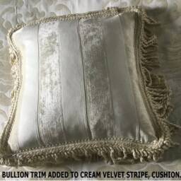 Cream Striped Velvet Cushion Cover. Neutral Throw Pillow, Luxury Cushions Made To Order. Envelope Fit. With Or Without Bullion Trim - thumbnail 2