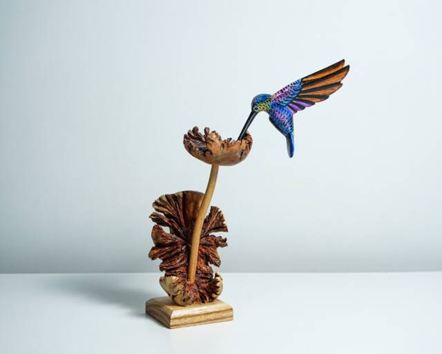 Single Blue Hummingbird Statue On Flower, Blue, Painted Sculpture, Wood Carving Figure, Bird, Colibri, Home Decoration, Handmade Gift - image 1