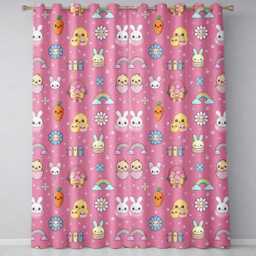 Cute Easter Chick Bunny Carrot Rainbow Basket Seamless Pattern Pink Background Readymade Eyelet Ring Top Thermal 100% Blackout Curtains - thumbnail 2