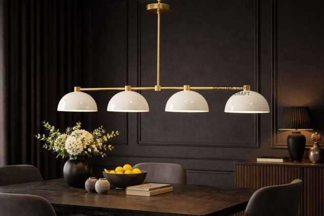 Mid Century Modern Brass Chandelier, 4 Light Linear Pendant, White Dome Shades, Ceiling Light, Kitchen Island Lighting - image 1
