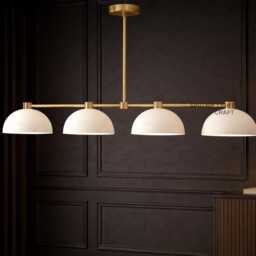 Mid Century Modern Brass Chandelier, 4 Light Linear Pendant, White Dome Shades, Ceiling Light, Kitchen Island Lighting - thumbnail 3