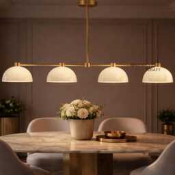 Mid Century Modern Brass Chandelier, 4 Light Linear Pendant, White Dome Shades, Ceiling Light, Kitchen Island Lighting - thumbnail 2