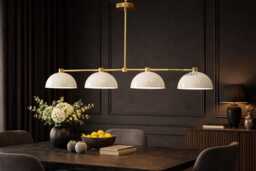 Mid Century Modern Brass Chandelier, 4 Light Linear Pendant, White Dome Shades, Ceiling Light, Kitchen Island Lighting