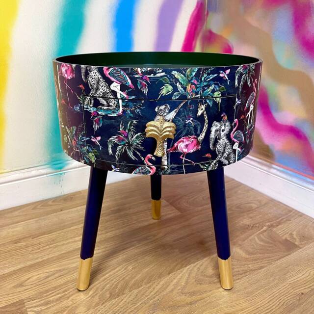Tropical Bedside Table in Navy & Green Flamingo Elephant Design. Wooden Side With Drawer. Ideal Nightstand For Bedroom - image 1
