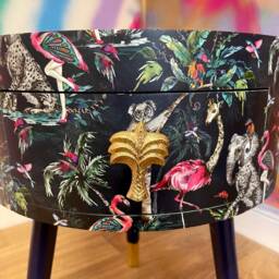 Tropical Bedside Table in Navy & Green Flamingo Elephant Design. Wooden Side With Drawer. Ideal Nightstand For Bedroom - thumbnail 3