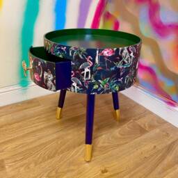 Tropical Bedside Table in Navy & Green Flamingo Elephant Design. Wooden Side With Drawer. Ideal Nightstand For Bedroom - thumbnail 2