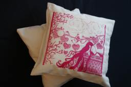 Cream Cushion With Pink Fairy Tale Design & Rapunzel Passage. Beautiful Original Artwork, Hand Illustrated, Made Cushion 100% Cotton