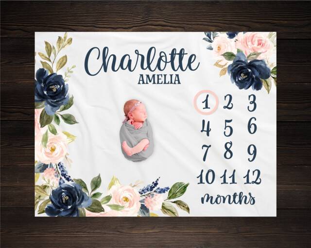 Pink & Navy Floral Milestone Blanket, Baby Shower Gift, Keepsake Girl Wreath Blanket - image 1