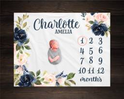 Pink & Navy Floral Milestone Blanket, Baby Shower Gift, Keepsake Girl Wreath Blanket