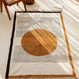 Handmade Cotton Dhurrie Rug 8x10 Block Printed Sun Design, 2x6 Runner Rug, 4x6 Area Minimalist Modern Accent Rug - thumbnail 4