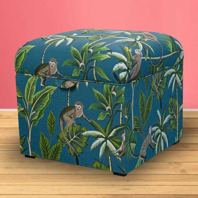 Blue Square Monkey Storage Box - Botanical Pouffe Handmade in Britain - image 1