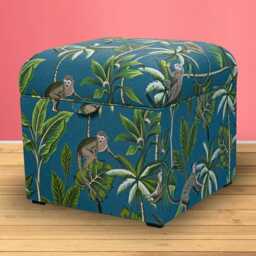 Blue Square Monkey Storage Box - Botanical Pouffe Handmade in Britain