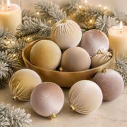 Beige Velvet Christmas Balls Holiday Tree Ornaments, Set Of 12