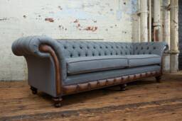 British Handmade 4 Seater Iron Grey Herringbone Wool & Antique Tan Leather Chesterfield Sofa