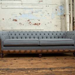 British Handmade 4 Seater Iron Grey Herringbone Wool & Antique Tan Leather Chesterfield Sofa - thumbnail 3