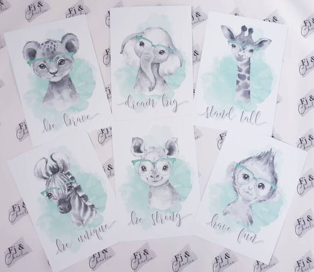 Safari Prints Mint Green, Animal, Nursery Decor, A4, A3, Set 6 Prints, Glasses - image 1