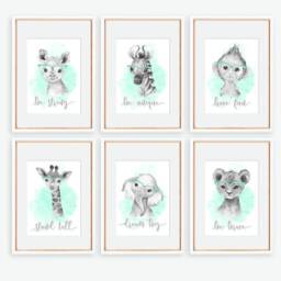 Safari Prints Mint Green, Animal, Nursery Decor, A4, A3, Set 6 Prints, Glasses - thumbnail 2