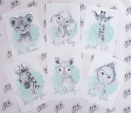 Safari Prints Mint Green, Animal, Nursery Decor, A4, A3, Set 6 Prints, Glasses - thumbnail 1