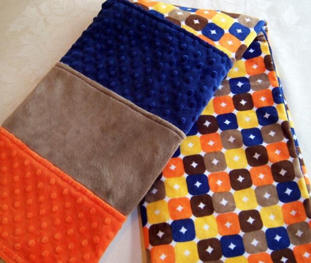 Sale Orange Browns Blue & Yellow Squares Minky Baby/Toddler Blanket - image 1