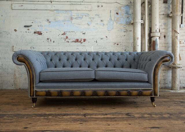 3 Seater Grey Herringbone Wool Chesterfield Sofa, & Antique Gold Leather, British Handmade - image 1