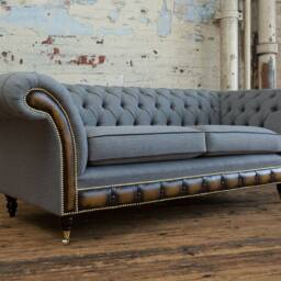 3 Seater Grey Herringbone Wool Chesterfield Sofa, & Antique Gold Leather, British Handmade - thumbnail 2