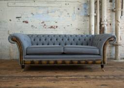 3 Seater Grey Herringbone Wool Chesterfield Sofa, & Antique Gold Leather, British Handmade
