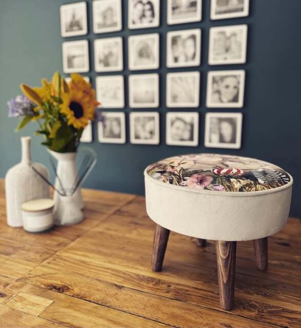 Handmade Round Footstool in Velvet Fantasy Elephant Print. Only 1 Available - image 1