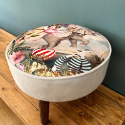 Handmade Round Footstool in Velvet Fantasy Elephant Print. Only 1 Available - thumbnail 2