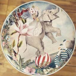 Handmade Round Footstool in Velvet Fantasy Elephant Print. Only 1 Available - thumbnail 3