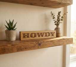 Howdy Oak Shelf Sitter, Handmade Wooden Home Decor, Rustic Western Style Sign - thumbnail 1