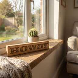 Howdy Oak Shelf Sitter, Handmade Wooden Home Decor, Rustic Western Style Sign - thumbnail 2