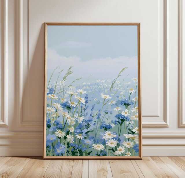 Blue Daisy Meadow Poster, Wildflower Print, Botanical Wall Art - image 1