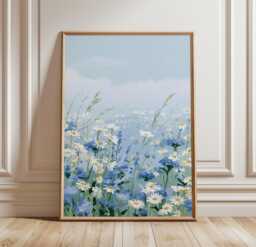 Blue Daisy Meadow Poster, Wildflower Print, Botanical Wall Art - thumbnail 1