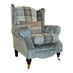 Queen Anne Wingback Chair Oxford Blue Tartan & Plush Grey