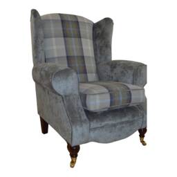 Queen Anne Wingback Chair Oxford Blue Tartan & Plush Grey - thumbnail 3
