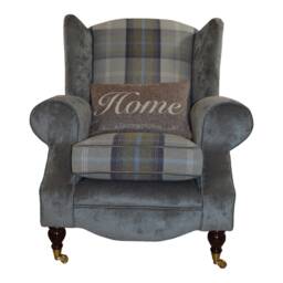 Queen Anne Wingback Chair Oxford Blue Tartan & Plush Grey - thumbnail 2