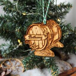 Personalised Wine Tasting Christmas Ornament Barrel Cask Wood Custom Bauble Laser Engraved Rustic Wooden Name Personalise Decoration Irish - thumbnail 3