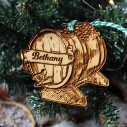 Personalised Wine Tasting Christmas Ornament Barrel Cask Wood Custom Bauble Laser Engraved Rustic Wooden Name Personalise Decoration Irish - thumbnail 2