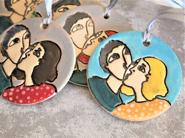 Ceramic Wall Hanging, Kissing Couple Art, Cermic Naive Clay Decor, Rustic Home Pottery & Ceramics, Lovers Kiss - image 1