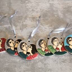 Ceramic Wall Hanging, Kissing Couple Art, Cermic Naive Clay Decor, Rustic Home Pottery & Ceramics, Lovers Kiss - thumbnail 2