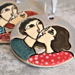 Ceramic Wall Hanging, Kissing Couple Art, Cermic Naive Clay Decor, Rustic Home Pottery & Ceramics, Lovers Kiss - thumbnail 3